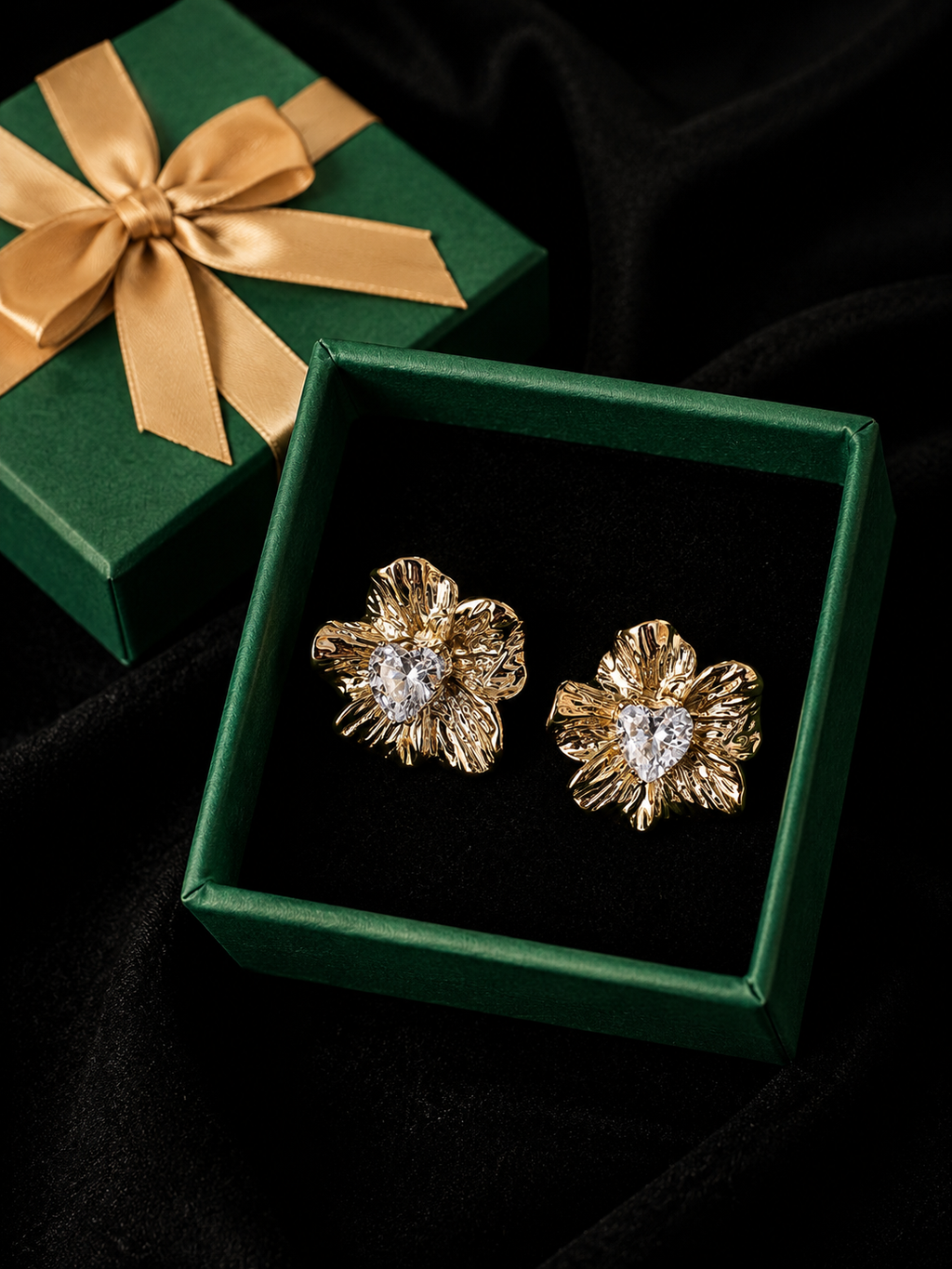 Gold Flower Heart Crystal Earrings