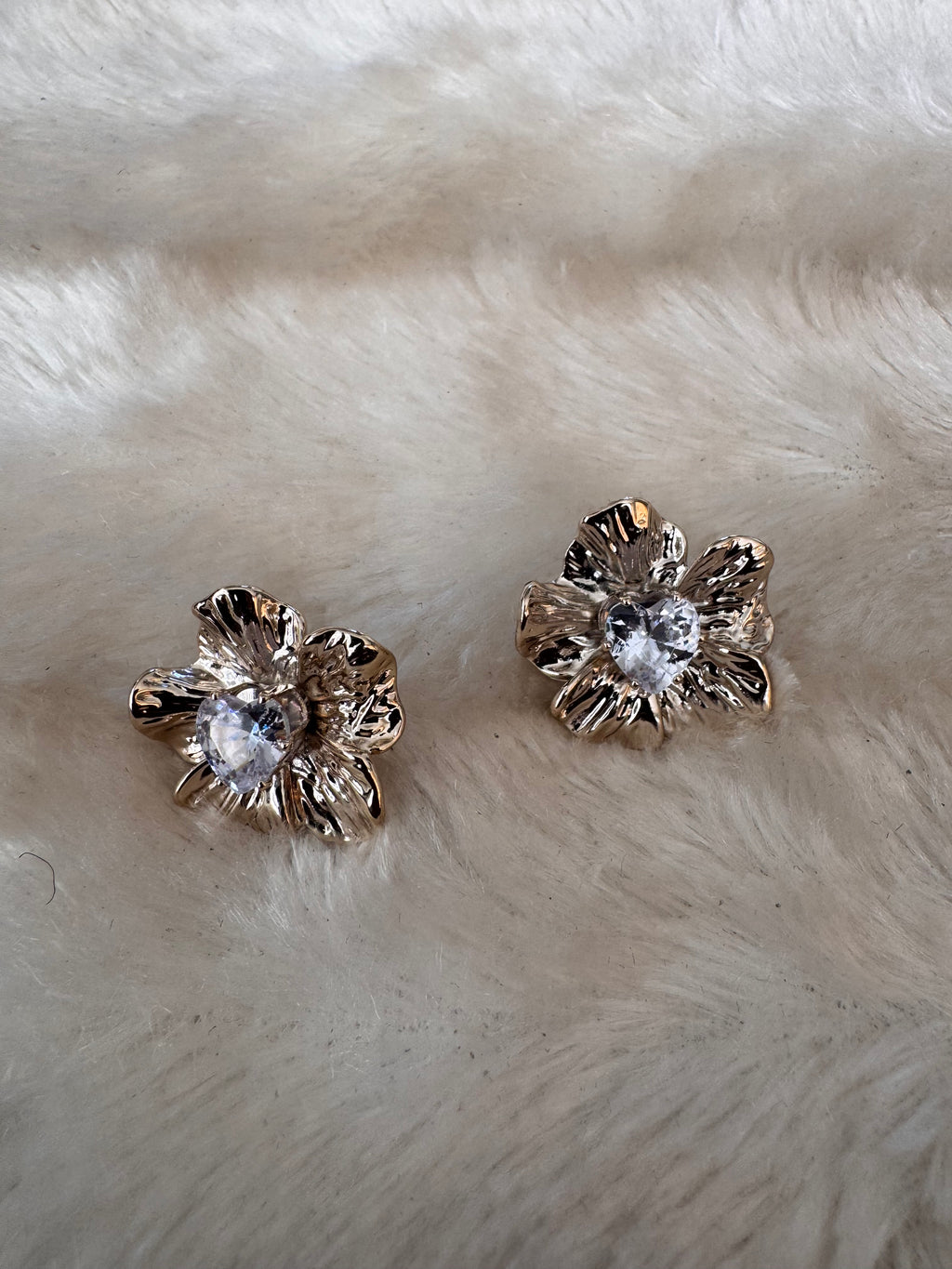 Gold Flower Heart Crystal Earrings