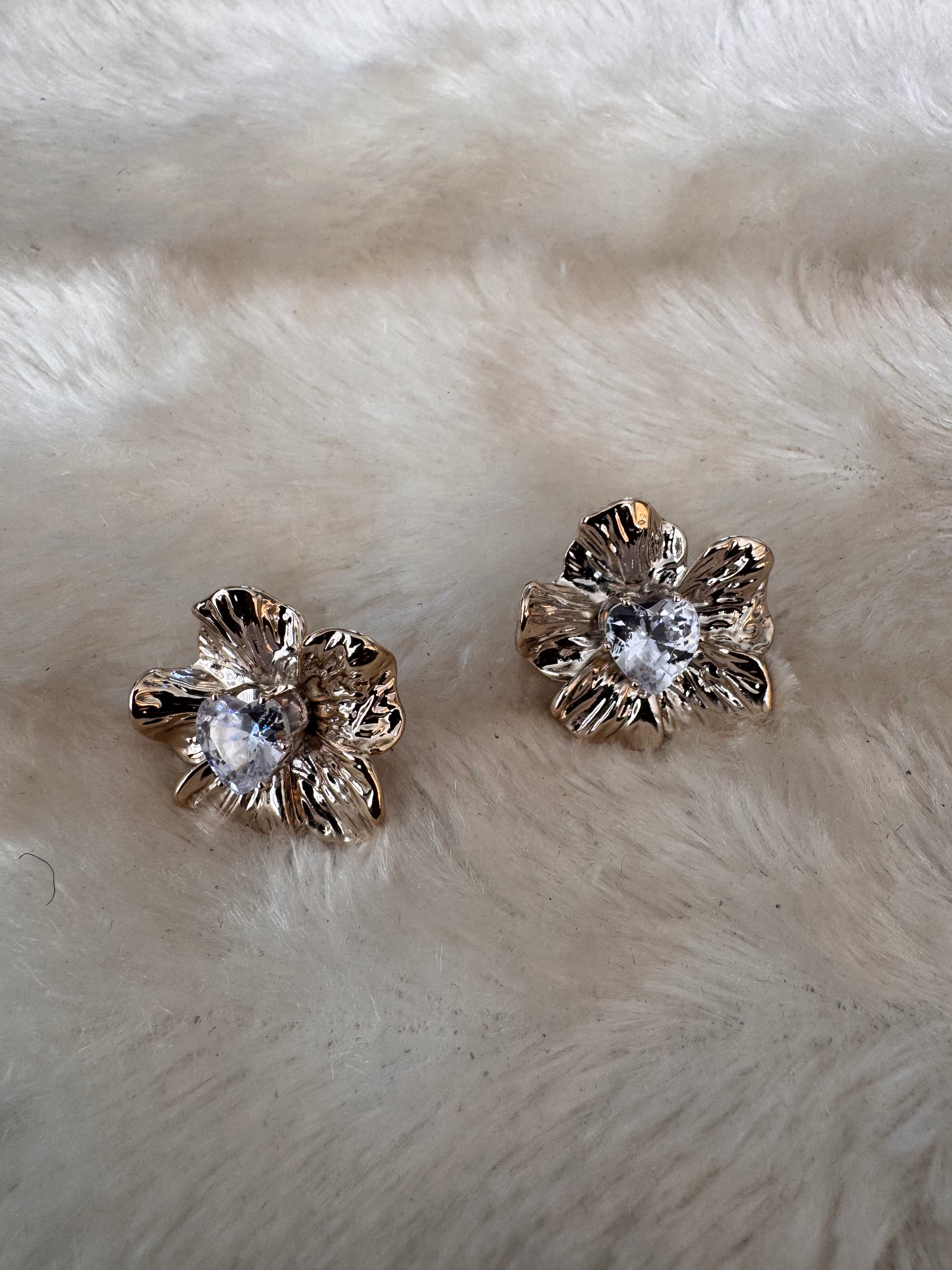 Gold Flower Heart Crystal Earrings